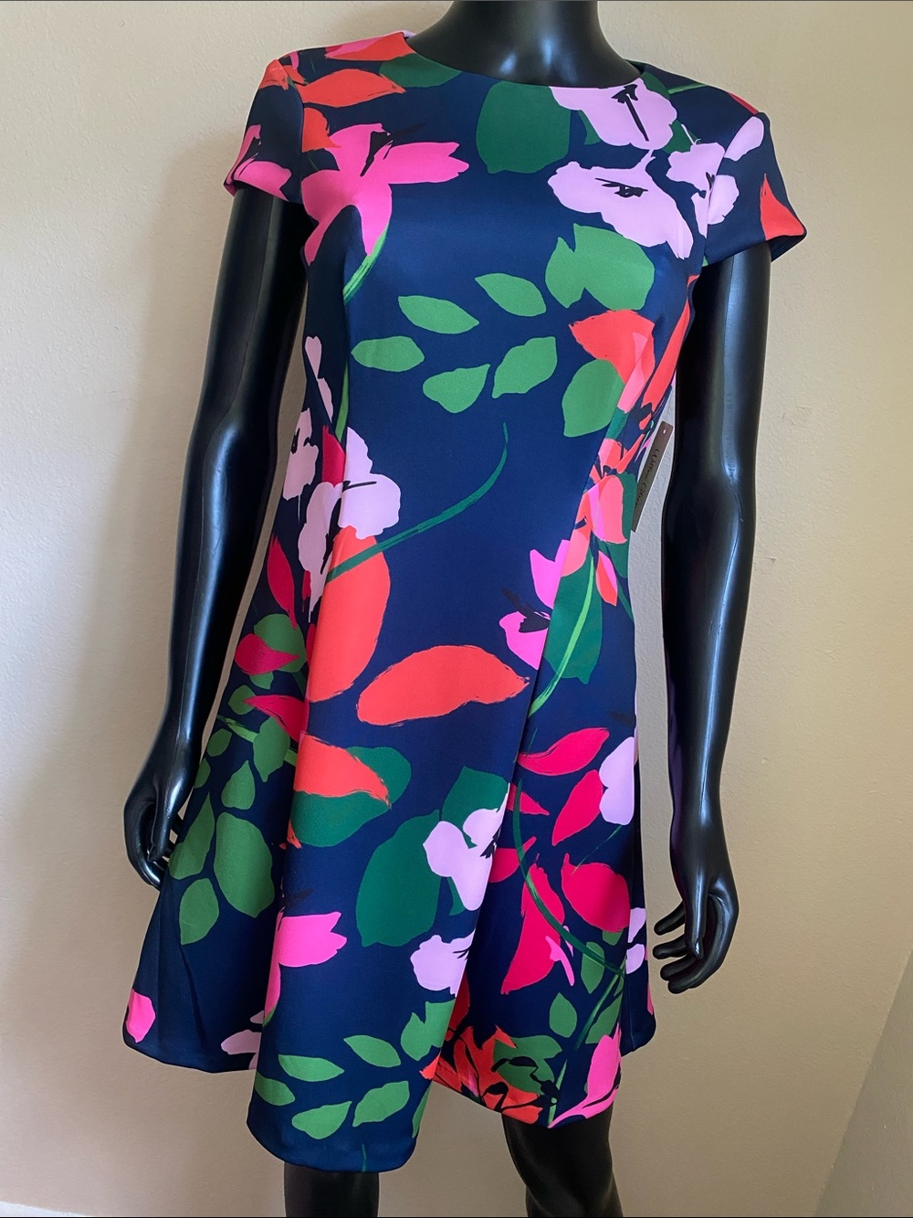 Willow Glenn Floral Fit-and-Flare Midi Dress in Navy with Pink & Red Blooms NWTs